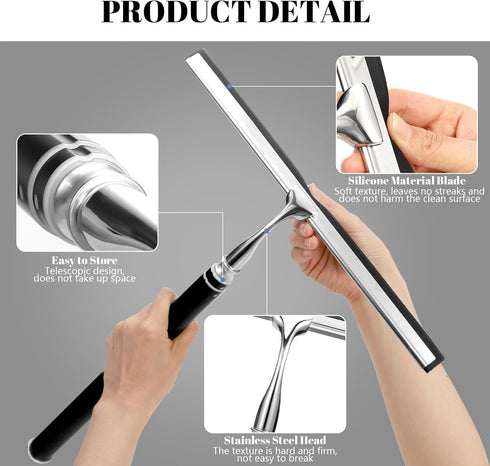 Shower Squeegee with Long Handle, Telescoping Window Squeegee for Glass Door, Tile Wall, Car, and Floor Cleaning