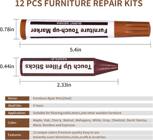 Furniture Repair Kit Wood Markers, Markers and Wax Sticks for Stains, Scratches, Touch Ups, and Cover Ups