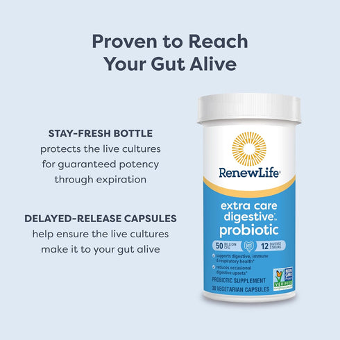 Extra Care Digestive Probiotic Capsules, 50 Billion CFU, Daily Supplement Renew Life, 30 Count