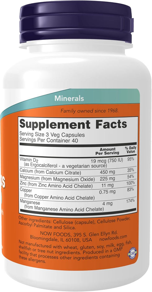 NOW Supplements, Calcium Citrate with Vitamin D, Magnesium, Zinc, Copper, and Manganese, 120 Veg Capsules