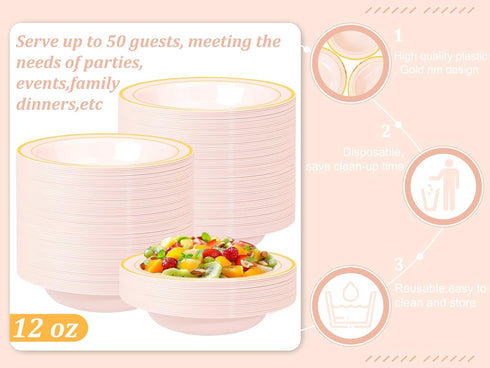 Nervure 50 Pack Pink Plastic Bowls with Gold Rim, 12oz Disposable Soup Bowls for Weddings, Parties, Everyday Use