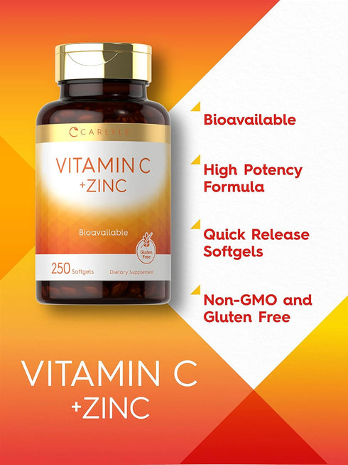 Carlyle Vitamin C with Zinc, 250 Softgels, Bioavailable, Non-GMO & Gluten Free Supplement