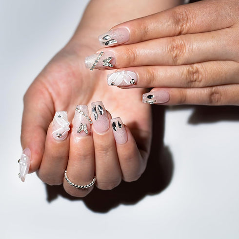 Short Coffin Press on Nails Hand Painted Streamer Fake Nails With Glue Handmade Acrylic False Nails With 3D Butterfly Diamond 10pcs/Box White Nails Press ons For Women Girls Summer Nails(XS)