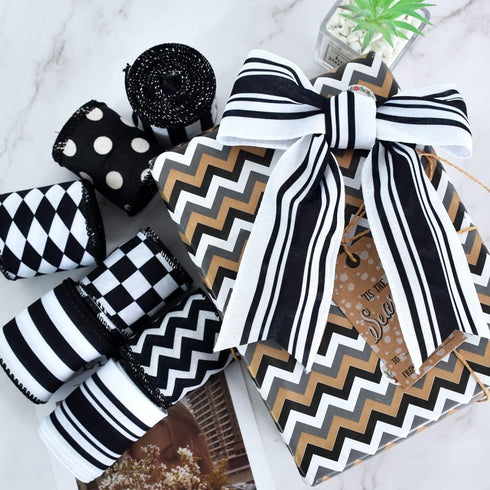 TONIFUL 2.5 Inch Black and White Striped Wired Edge Ribbon, 6 Yds, for Gift Wrapping, Wreath Bows, Crafts