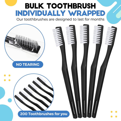 CHENGU 200 Pack Individually Wrapped Disposable Toothbrush Bulk Single Use Toothbrush Travel Toothbrushes Disposable Soft Bristle Adult Toothbrush Manual Tooth Brush for Women Men Hotels (Black)