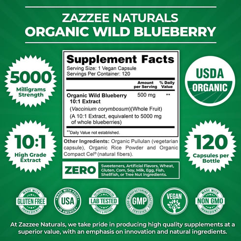 Zazzee USDA Organic Wild Blueberry 10:1 Extract - 5000 mg Strength, 120 Vegan Capsules