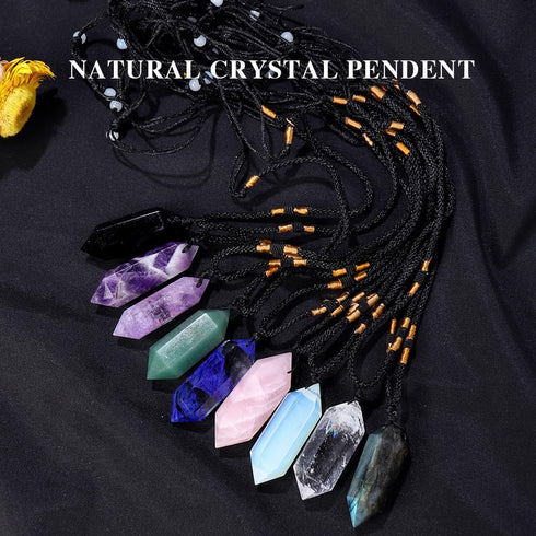 Runyangshi Black Obsidian Healing Crystal Pendants, Double Pointed Natural Crystal Quartz Necklace, Chakra Crystal Wand
