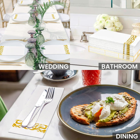 100 Disposable Gold Napkins, Decorative Paper Dinner Napkins Bulk, Thick Linen Feel Guest Hand Towels for Party Holiday