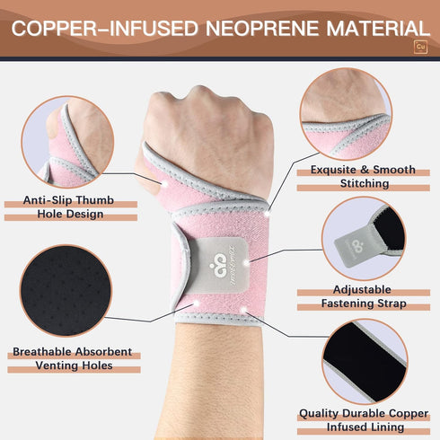 INDEEMAX 2 Pack Copper Wrist Brace Support for Carpal Tunnel, Pain Relief, Adjustable Compression Wraps (Pink)