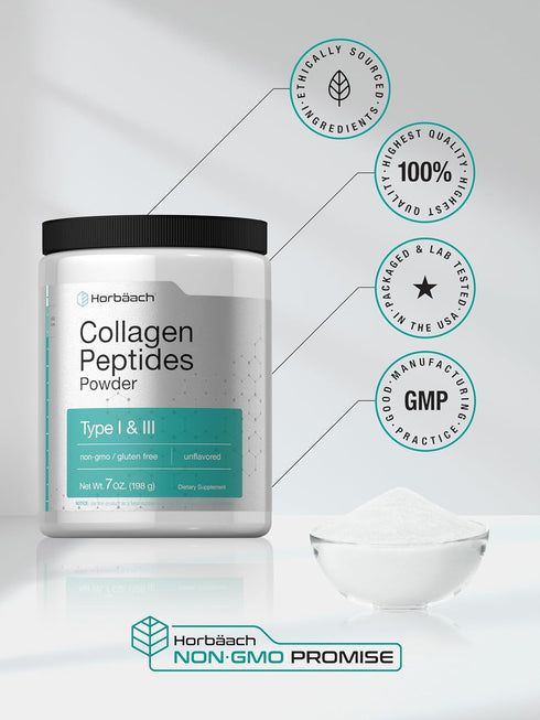 Horbaeach Collagen Peptides Powder 7oz | Unflavored Multi Collagen Protein and Amino Acids | Type I and III | Gluten