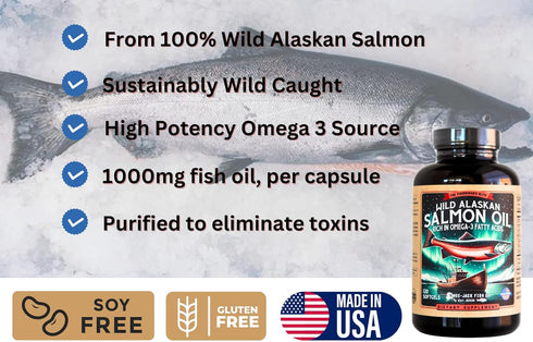 Wild Alaskan Salmon Fish Oil Omega 3 Supplement - 120 Softgels, 1000mg Salmon Oil for Brain & Heart Health