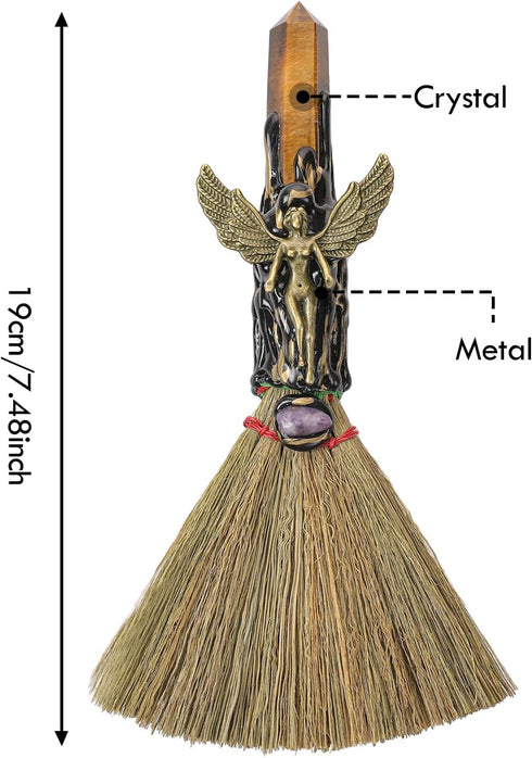 RENEMEGO Witch Broom Witchcraft Supplies - Altar Supplies with Tiger Eye Stone Wiccan Stuff Goddess Magic Broomstick