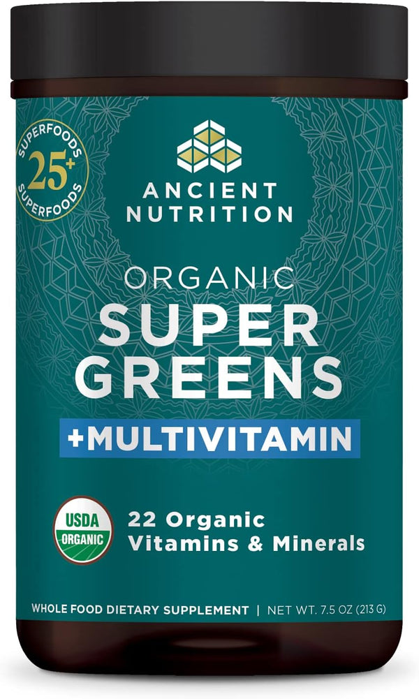 Ancient Nutrition Organic SuperGreens and Multivitamin Powder with Probiotics, 25 Servings for Digestive Support