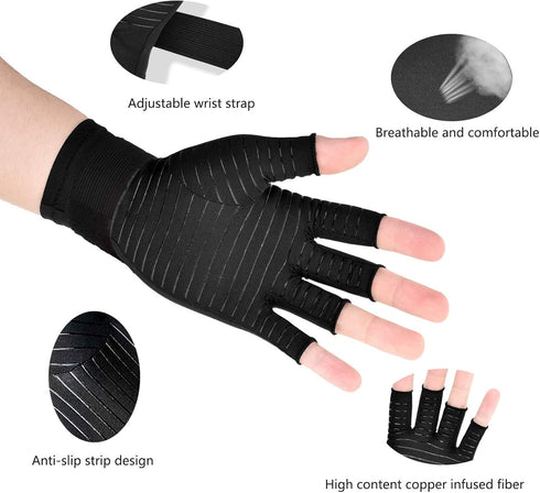 Copper Wrist Compression Arthritis Gloves (1 Pair), Fingerless Glove with Adjustable Strap for Hand Pain Relief, Fits