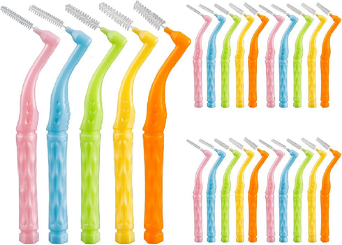 50PCS L-Shaped Interdental Brushes - Short Handle Dental Floss Brush with 5 Different Sizes for Braces