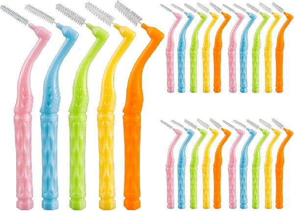50PCS L-Shaped Interdental Brushes - Short Handle Dental Floss Brush with 5 Different Sizes for Braces
