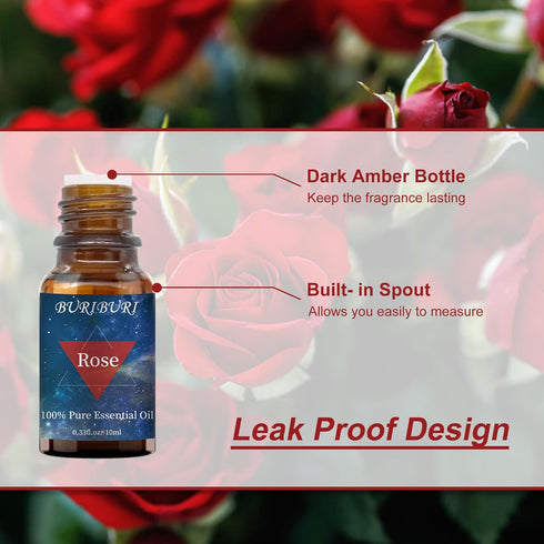 BURIBURI Rose Essential Oil for Diffuser, 100% Pure Natural Aromatherapy - 10ml Romantic Rose Scented Oil