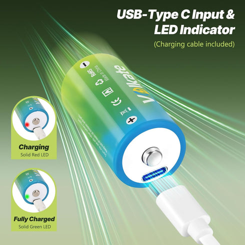 volkate 4 Pack, 1.5V 7500mwh LR20 Rechargeable D Cell Batteries Lithium Battery D Size with USB-C Charging Cable