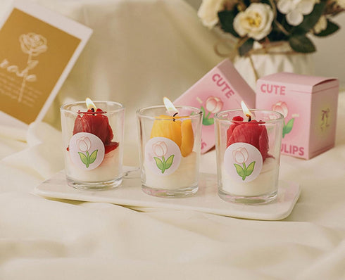 T-shin Jar,110G Tulip Flower Healing Scented Candle Glass Handmade Flower Bouquet Scented Soy Wax Aroma Decorative