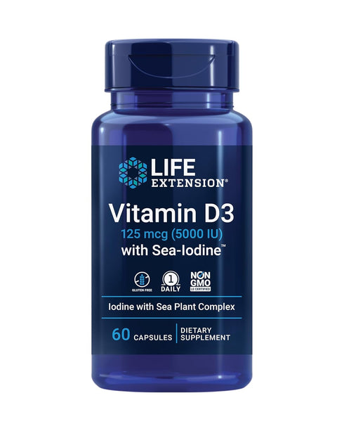 Life Extension Vitamin D3 125 mcg (5000 IU) with Sea-Iodine for Bone & Brain Support – 60 Capsules