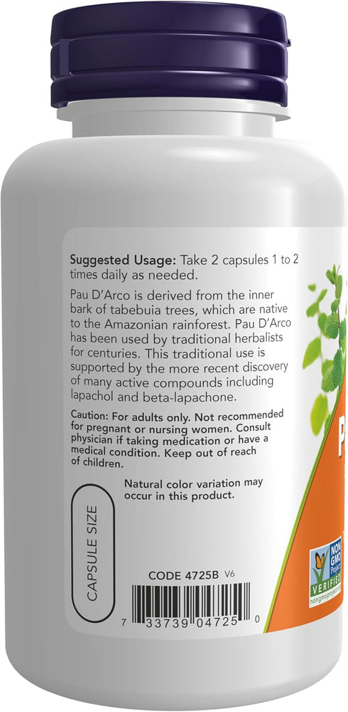 NOW Supplements Pau D'Arco 500 mg - Herbal Support - 100 Veg Capsules