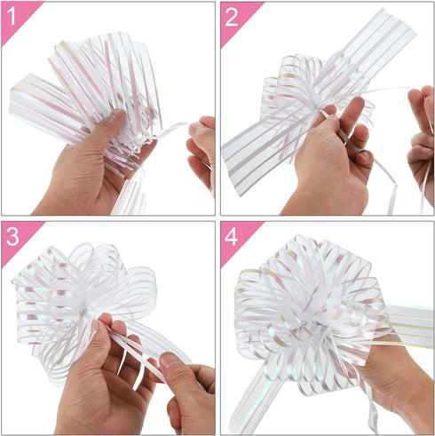 TecUnite 10 Pack Pull Bow, Large 6 Inches Organza White Pull String Bows for Wedding & Christmas Gifts
