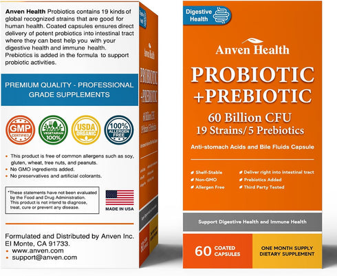 60 Billion Probiotics for Women and Men, 19 Strains, 5 Organic Prebiotics for Gut Digestive & Immune Health, Vegan