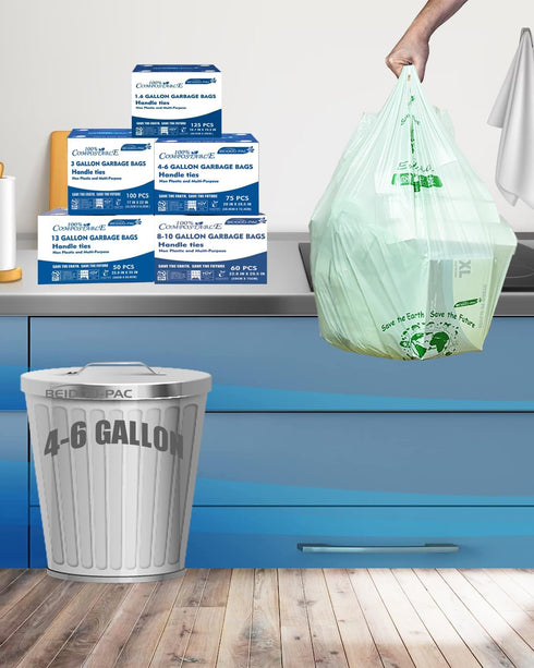 4-6 Gallon Compostable Trash Bags, 75 Count, Sturdy Biodegradable Garbage Bags with Handle