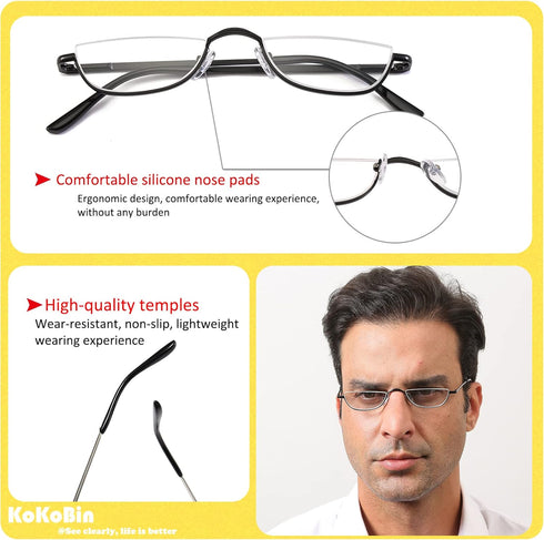 KoKoBin Half Reading Glasses, 2 Pairs Half Rim Metal Frame Glasses for Men and Women, Black+Gunmetal 1.75
