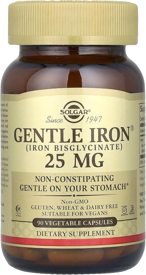 Solgar Gentle Iron (Iron Bisglycinate) 25 mg - 90 Vegetable Capsules - Non-Constipating, Gentle on Your Stomach - Gluten Free - 90 Servings