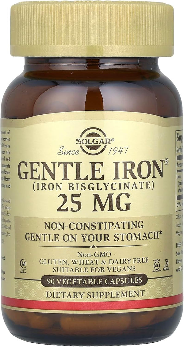 Solgar Gentle Iron (Iron Bisglycinate) 25 mg - 90 Vegetable Capsules - Non-Constipating, Gentle on Your Stomach - Gluten Free - 90 Servings