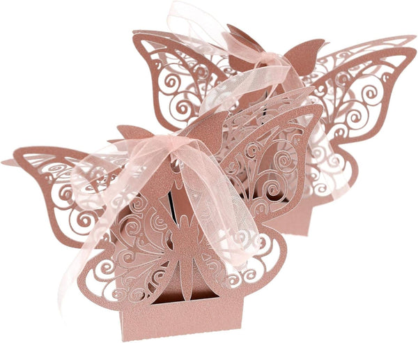 Auto-plaza 50 Pieces Butterfly Laser Cut Favor Boxes, DIY Wedding Birthday Gift Candy Boxes with Ribbons, Pink
