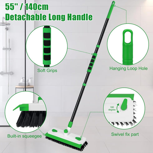 Xinran+ 3-in-1 Floor Scrub Brush with Long Handle, Scrape Scrubber Brush with Squeegee Stiff Bristle Deck Brush