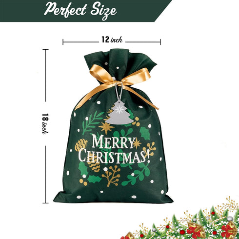 Set 6, 12" 18" OYATON Christmas Drawstring Gift Bags, Fabric Reusable Gift Wrap Bags of Cloth Gift Bags with Ribbon