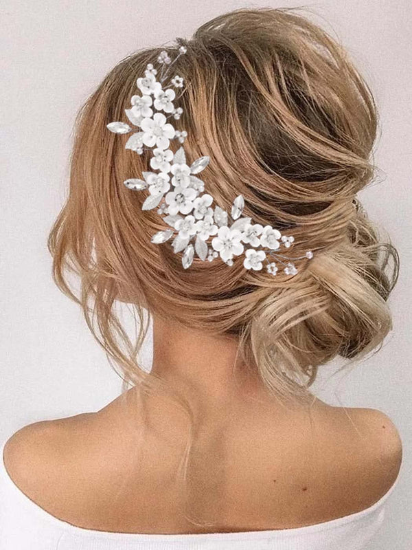 Unicra Flower Silver Bride Wedding Hair Vine Leaf Bridal Hair Piece Rhinestone Headband for Women and Girls