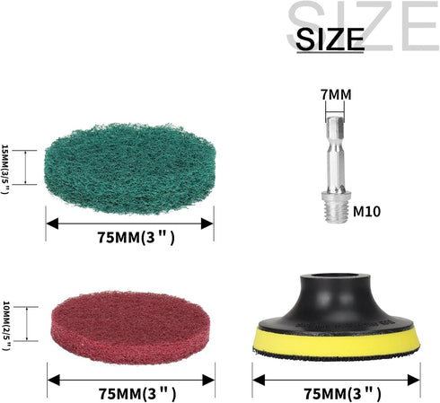 3 Inch Drill Brush Power Scouring Pads, Heavy Duty Household Cleaning Kit with 5 Red & 5 Stiff Green Pads