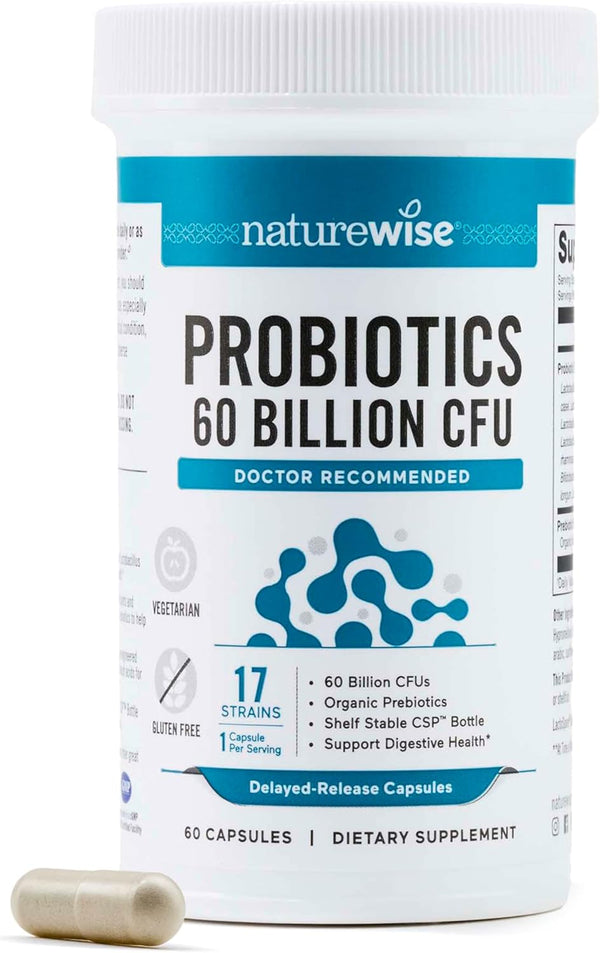 NatureWise Probiotics - 60 Billion CFU, 17 Strains + Organic Prebiotics for Immune, Digestive Health, 60 Capsules