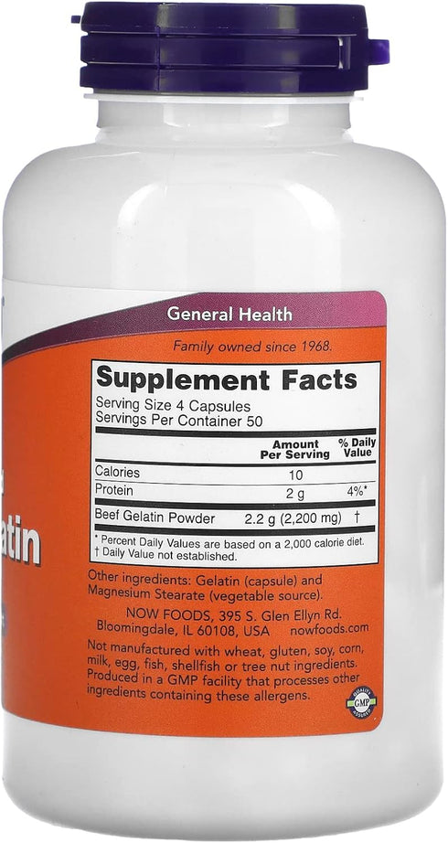 NOW Foods Beef Gelatin, 550 mg, Hydrolyzed, 200 Capsules