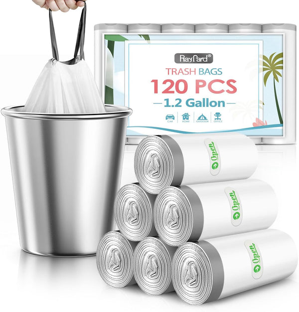 RayPard 120 Counts 1.2 Gallon Mini Drawstring Trash Bags, Strong Plastic Bags for Home Office Kitchen Bathroom