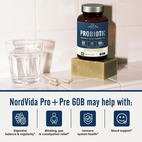 Probiotic 60 Billion CFU, 19 Strains with Organic Prebiotic, 60 Vegan Caps for Digestive & Immune Health