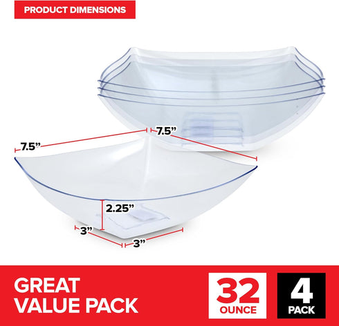 32oz Clear Plastic Serving Bowls (4 Pack) Medium Candy Dishes, Square Plastic Buffet Containers for Chips, Snacks, Mints, Salad Bar, Snack Bowl Parties, Office, Bridal Shower, Party Supplies by Stock Your Home