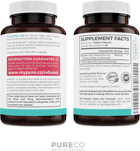 Organic Tart Cherry Capsules, 60 Capsules of 500mg, Vegan & Gluten Free, Natural Uric Acid Flush, High Strength 4:1