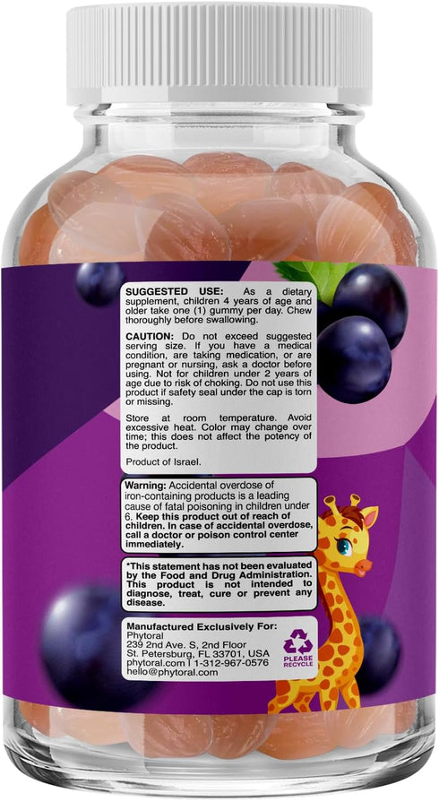 Tasty Kids Multivitamin with Iron Gummy - Gentle Iron Gummies for Kids and Toddlers with Vitamin C and B Complex - Non Constipating Iron Supplements for Kids - Vegetarian Non GMO Kosher Gluten Free