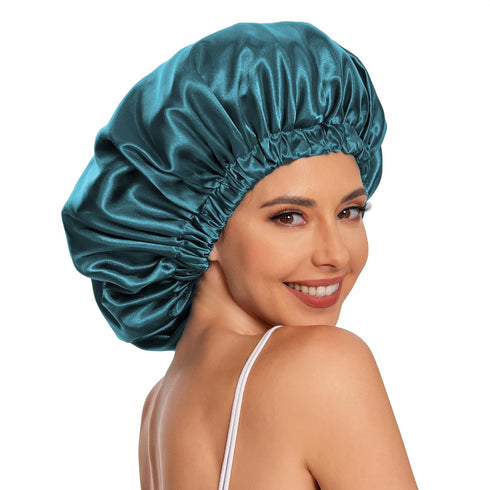 Satin Bonnet Hair Bonnet for Sleeping, Slouchy Beanie Hat for Women's Natural & Curly Hair (Blue Zircon)