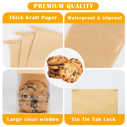 Kosotody 50 Pack Window,3.9x3.1x8.2 Inches Small Bakery Bags with Brown Kraft Paper Bakery Bag with Tin Tie Tab Lock