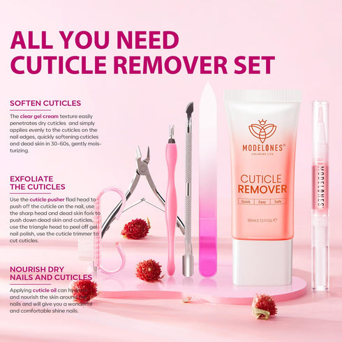 Modelones Cuticle Remover Kit - Cuticle Remover Cream & Cuticle Oil, Cuticle Care Kit w/Cuticle Trimmer Cuticle Pusher & Cuticle Nipper for DIY Nail Manicure, Removedor de Cuticula for Nail Care