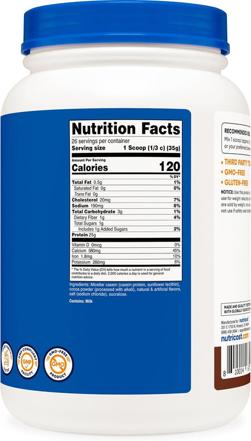 Nutricost Casein Protein Powder 2lb Chocolate - Gluten Free, Non-GMO Micellar Casein