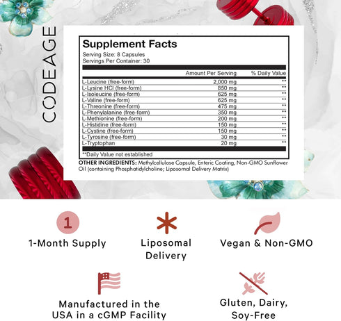 Codeage Multi Amino+ Supplement - BCAA & EAA with All 9 Essential Amino Acids, Vegan, 240 Capsules for Muscles Recovery