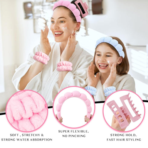 Wecoe Pink Blue Spa Headband and Wristband Set, Skincare Headband for Washing Face, Hair Claw Clips for Thick Hair