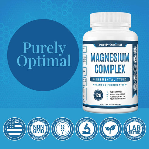 Purely Optimal Magnesium Complex - High Absorption 6 Forms Magnesium for Sleep Support, Stress Relief, 120 Capsules